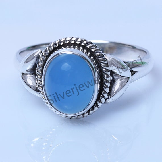 925 Silver Ring, Natural Blue Chalcedony Ring, Chalcedony 7x9 Mm Oval Ring, Boho Jewelry, Birthstone Jewelry, Handmade Ring, Gift Ideas