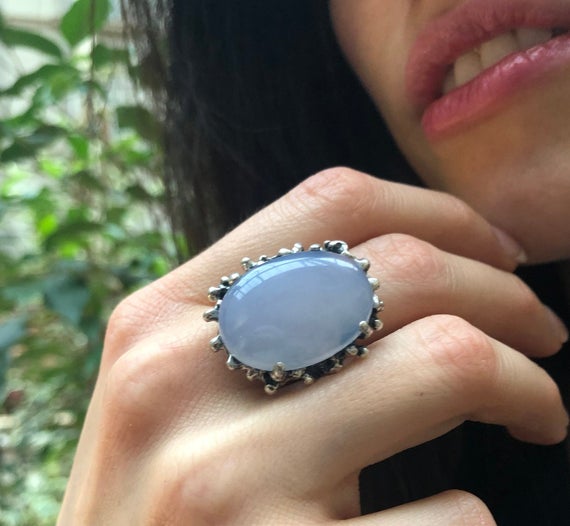 Chalcedony Ring, Natural Blue Chalcedony, Statement Ring, Vintage Ring, Lilac Ring, Rough Ring Design,large Oval Ring, Solid Silver Ring