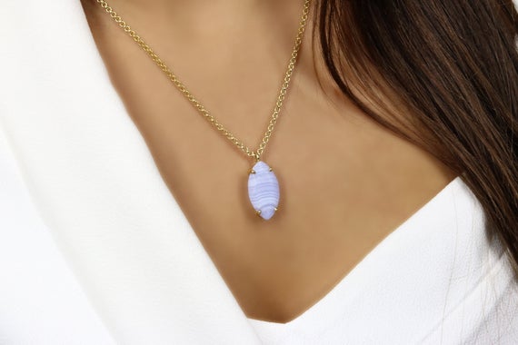 Marquise Agate Necklace · Custom Cut Necklace · Long Gemstone Pendant · Blue Lace Agate Necklace · Necklace For Sister