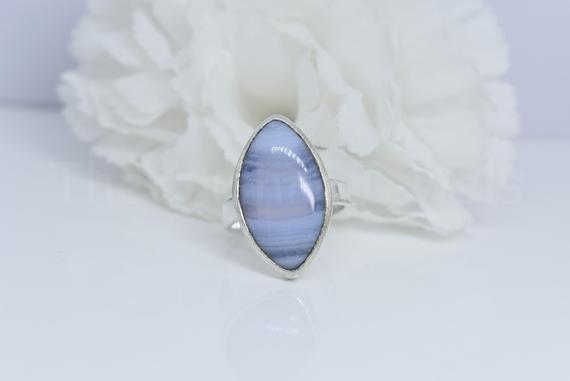 Blue Lace Agate Ring, 925 Sterling Silver Ring, Marquise Shape Gemstone Ring, Simple Band Ring, Bezel Set Ring, Cabochon Gemstone Ring, Gift