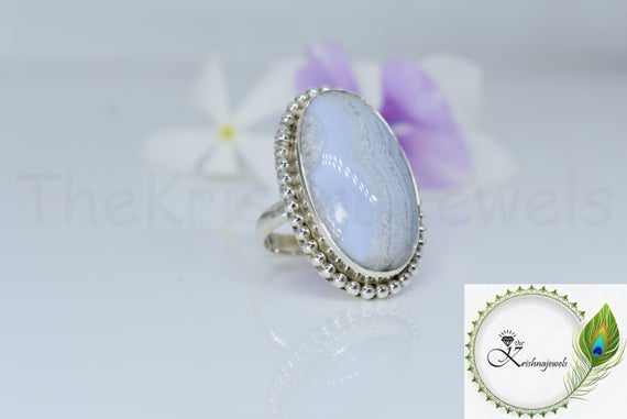 Crazy Blue Lace Agate Ring, 925 Sterling Silver Ring, Oval Gemstone Ring, Cabochon Gemstone, Simple Band Ring, Twisted Bezel Set, Boho, Gift