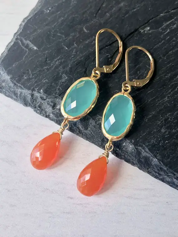 Aqua Chalcedony And Carnelian Earrings, Turquoise And Coral Statement Earrings, Blue And Orange Jewelry, Colorful Elegant Earrings For Women