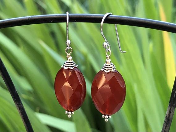 Carnelian Earrings Sterling Silver Natural Brown Stone Oval Simple Everyday Classic Dangle Drops Birthday Holiday Gift For Her Women 6407