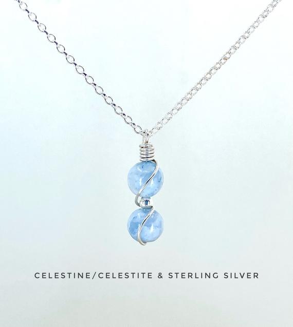 Calming Celestite Crystal Necklace, Celestine Pendant, 925 Sterling Silver, Anxiety Relief Jewellery