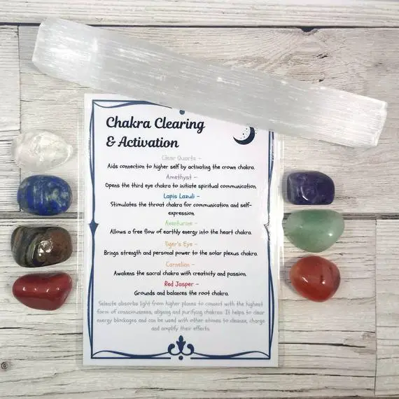 Chakra Clearing Crystal Set With Selenite Wand, Clear Quartz, Amethyst, Lapis Lazuli, Aventurine, Tiger's Eye, Carnelian And Red Jasper