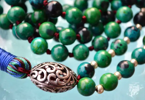 Chrysocolla Green & Blue Hand Knotted Mala Beads Necklace - Energized Karma Nirvana Meditation 8mm 108 Prayer Beads For Awakening Kundal