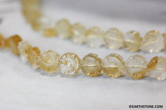 M/ Citrine 10mm Carved Flower Coin Beads 15.5" Strand Yellow Quartz Beads Routinely Enhanced For Jewelry Making Shade Varies