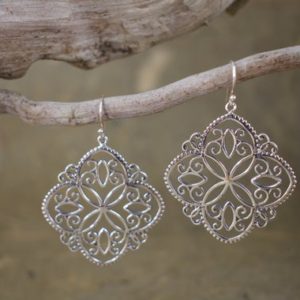 Shop Diamond Earrings! Diamond-Delicate Swirls and Beaded Silver Dangle Earrings // Floral Jewelry // Silver Jewelry // Sterling Silver // Village Silversmith | Natural genuine Diamond earrings. Buy crystal jewelry, handmade handcrafted artisan jewelry for women.  Unique handmade gift ideas. #jewelry #beadedearrings #beadedjewelry #gift #shopping #handmadejewelry #fashion #style #product #earrings #affiliate #ad