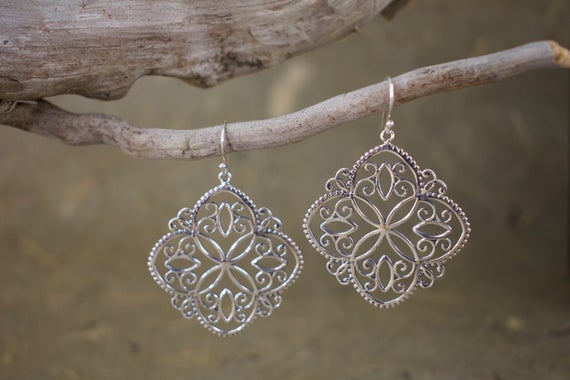 Diamond-delicate Swirls And Beaded Silver Dangle Earrings // Floral Jewelry // Silver Jewelry // Sterling Silver // Village Silversmith