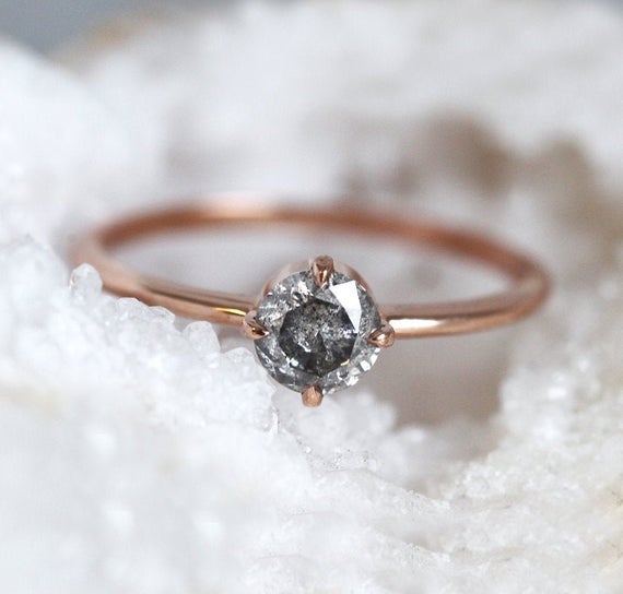 Solitaire Salt Pepper Diamond Ring, Round Grey Diamond Ring Rose Gold, Round Solitaire Diamond Ring