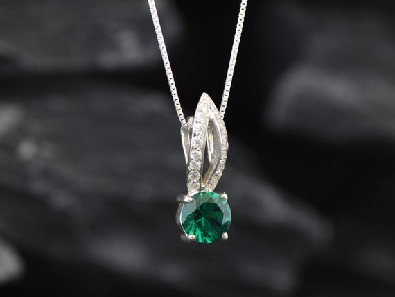 Emerald Pendant, May Birthstone, Round Emerald Necklace, Dainty Emerald Pendant, Cz Diamond, Antique Pendant, Adina Stone, Sterling Silver