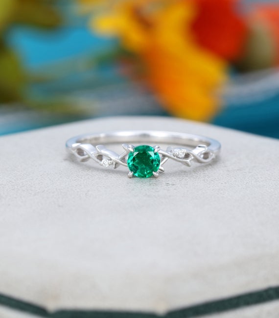 Emerald Engagement Ring Vintage Unique Twig White Gold Engagement Ring For Women Solid 14k Antique Diamond Wedding Bridal Anniversary