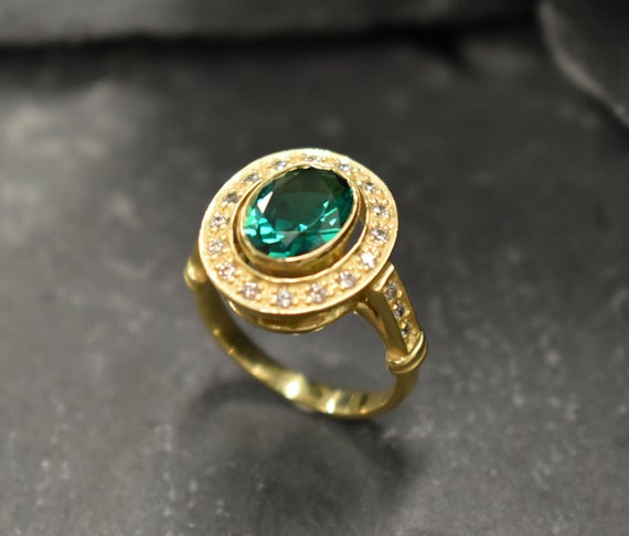 Gold Emerald Ring, Gold Antique Ring, Gold Vintage Ring, Antique Emerald Ring, Antique Rings, Sterling Silver Ring, Created Emerald Ring