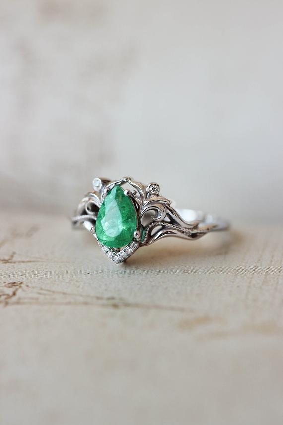 Natural Emerald And Diamonds Ring, Unique Engagement Ring, Vintage Wedding, Leaves Ring, Moissanite Ring, Art Nouveau Ring, Ring For Woman