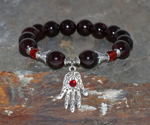 10mm Garnet Bracelet, Hamsa Yoga Wrist Mala Beads, Relationships, Healing Crystals, Chakra Jewelry, Czech Crystal,commitment-relaxation-love