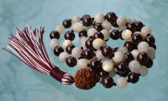 Garnet, Mother Of Pearl, Semi Precious Mala Beads 108, Knotted Prayer Beads, Meditation, Japa, Yoga, Red, White, Energize, Root Chakra