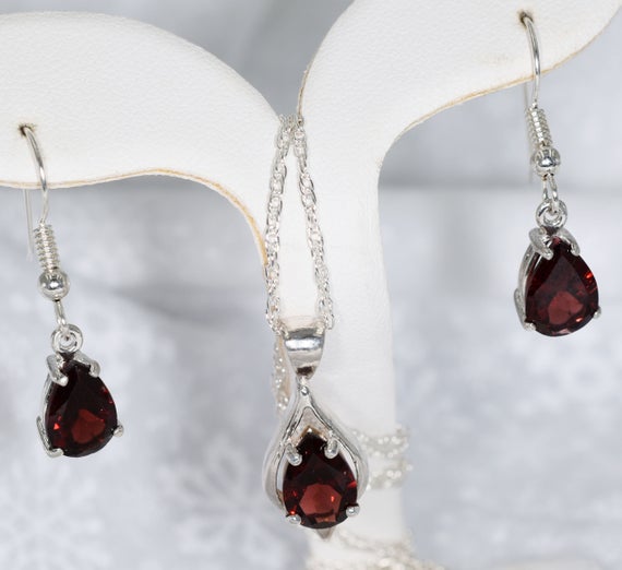 Garnet Jewelry Set, Garnet Dangle Earrings, Garnet Pendant, Genuine Pear Shaped 10x7mm,set In 925 Sterling Silver 18inch Chain Included