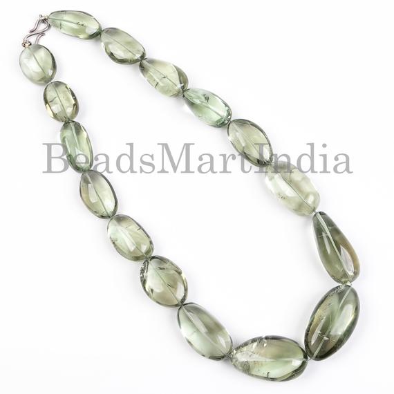 Green Amethyst Smooth Nugget Shape Beads Necklace, Amethyst Plain Nuggets, Green Amethyst Smooth Beads, Green Amethyst Necklace