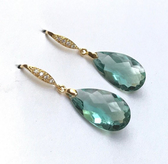 Stunning Green Amethyst Gold Earrings. Pave Vermail. Statement Jewelry. Gemstone. February