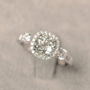 Shop Green Amethyst Rings! Green amethyst ring halo ring round cut engagement ring for women | Natural genuine Green Amethyst rings, simple unique alternative gemstone engagement rings. #rings #jewelry #bridal #wedding #jewelryaccessories #engagementrings #weddingideas #affiliate #ad