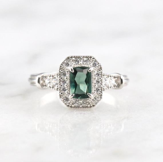 Teal Sapphire Ring- Sterling Silver Vintage Forest Green Sapphire Engagement Rings- Dainty Promise Ring- October Birthstone- Gift For Her