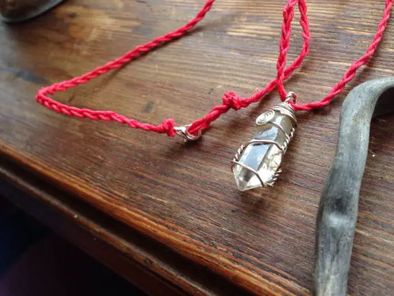 Raw Clear Quartz Necklace - Red Hemp Necklace - Red Crystal Healing Necklace - Silver Herkimer Diamond Necklace Ecofriendly Crystal Necklace