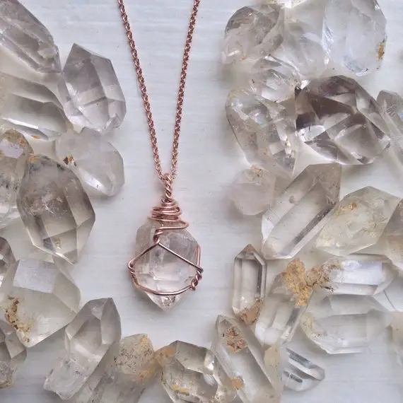 Raw Herkimer Diamond Necklace - Double Terminated Quartz Crystal - 100% Rose Gold Or Yellow Gold Filled Wire And 18 Inch Cable Chain - Mto