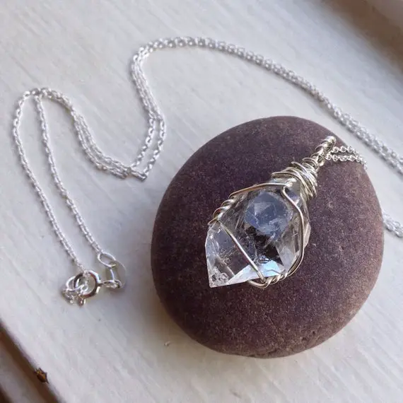 Herkimer Diamond (raw) Necklace - Double Terminated Quartz Crystal - .925 Ecofriendly Sterling Silver - Made To Order