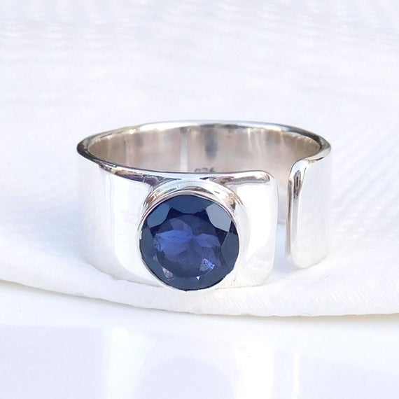 Natural Iolite Ring, 7 Mm Round Iolite Ring, Blue Iolite Ring, Natural Blue Ring, Adjustable Ring, Solid Silver Ring, Handmade Ring- U192
