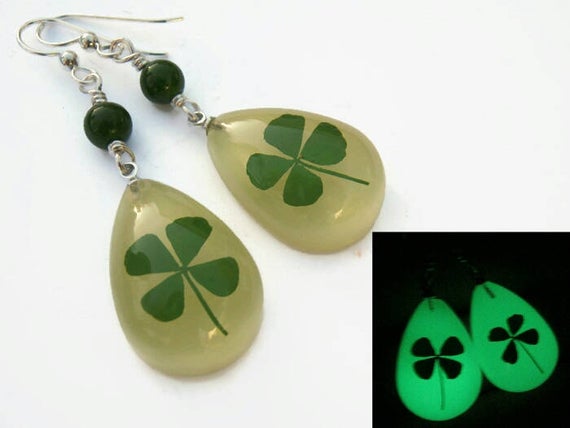 Four Leaf Clover Earrings, Glow In The Dark, Sterling Silver, Real Pressed Clover Earrings, Botanical Drop Jade Earrings, St Patricks Day