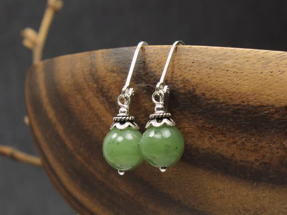 Nephrite Jade Earrings Sterling Silver Natural Green Gemstones Classic Simple Everyday Dangle Drops Birthday Mother's Day Gift Women 6379