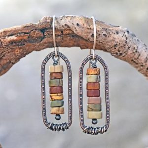 Shop Jasper Earrings! Red Creek Jasper Earrings, Natural Earthy Stone Dangles, Rustic Copper Jewelry, Fall Color, Mixed Metal, Sterling Silver | Natural genuine Jasper earrings. Buy crystal jewelry, handmade handcrafted artisan jewelry for women.  Unique handmade gift ideas. #jewelry #beadedearrings #beadedjewelry #gift #shopping #handmadejewelry #fashion #style #product #earrings #affiliate #ad