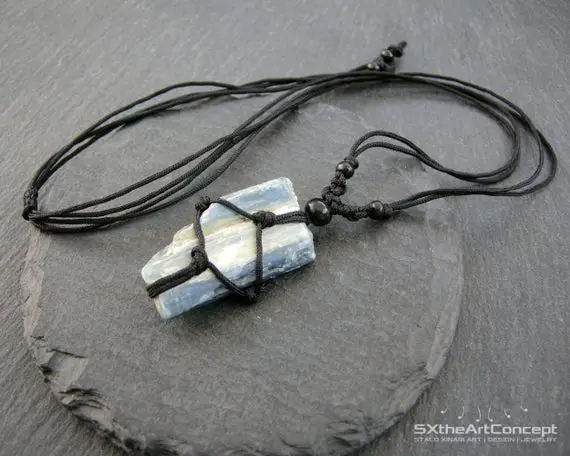 Kyanite Pendant, Communication Gemstone, Throat Chakra Stone, Braided Macrame Amulet, Gift For Him, Men Jewelry