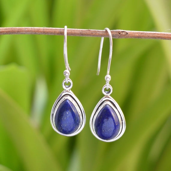 Lapis Lazuli Earrings, Lapis Lazuli 8x12 Mm Pear Gemstone, Gemstone Earrings, Sterling Silver Earrings, Handmade Earrings, Silver Earrings