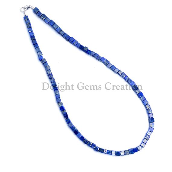 Natural Lapis Lazuli Smooth Cube Beads Necklace, 4.5-5mm Lapis Box Beads Necklace, Semi Precious Stone Beaded Necklace, Women's Necklace