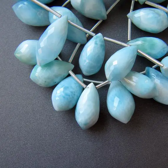 Larimar Point Tear Drops • Pairs Available • Aaa Micro Faceted Briolettes • Natural Dominican Gemstone • Fresh Blue / White Marble Pattern