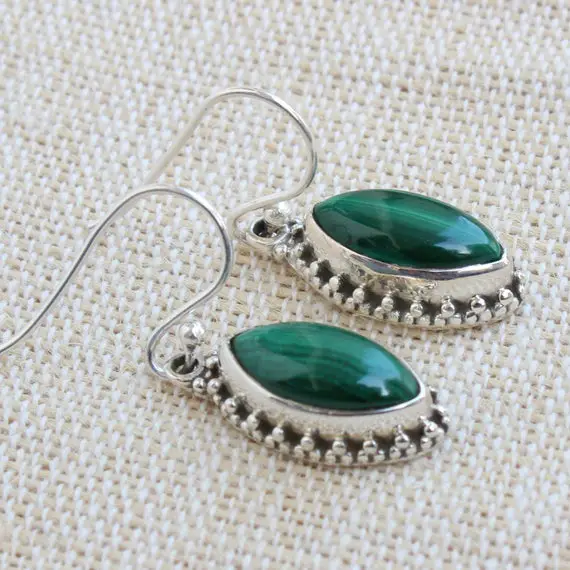 Malachite Earrings, Sterling Silver Jewelry, Gift For Her, Natural Green Malachite Healing Gemstone, Handmade Drop Dangles, Stack Jewelry