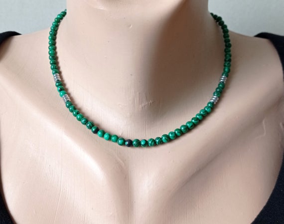Malachite Beaded Necklace, Green Malachite Thin Choker, Dainty Minimalist Handmade Jewelry, Unisex Necklace For Women For Men
