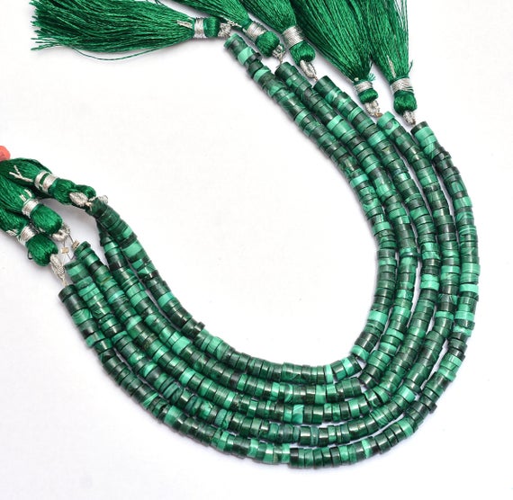 Natural Malachite Gemstone 5mm Smooth Heishi Beads | 8inch Strand | Green Malachite Semi Precious Gemstone Loose Coin / Spacer Loose Beads
