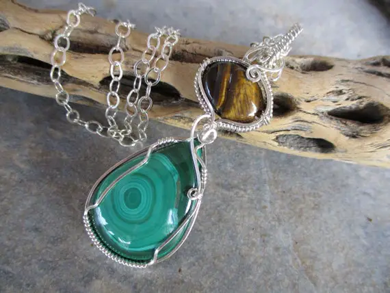 Malachite & Tiger Eye Pendant, .925 Sterling Silver, Midwife Stone, Large Wire Wrapped Pendant, Green Brown Pregnancy Pendant