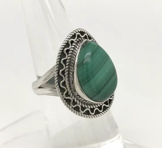 Malachite Gemstone Ring, Pear Shape, Handmade Ring, 925 Sterling Silver Jewelry, Gift For Her, Boho Jewelry, Malachite Silver Ring, R 66