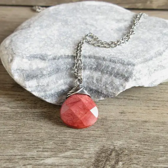 Mookaite Pendant, Sterling Silver Necklace, Rustic Jewelry, Scarlet Red, Minimalist Stone Necklace