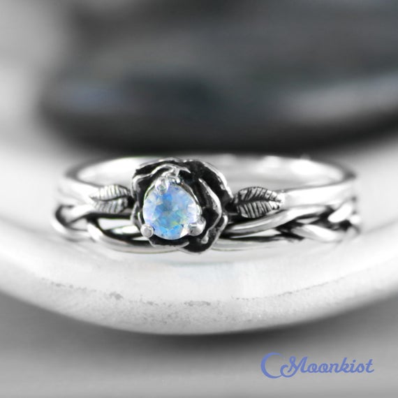 Moonstone Flower Ring Set, Sterling Silver Moonstone Engagement Ring Set With Braided Band, Flower Promise Ring For Women | Moonkist Designs
