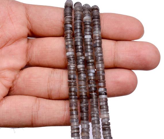 Grey Moonstone 5mm-6mm Heishi Smooth Spacer Beads | 8inch Strand | Natural Gray Moonstone Semi Precious Gemstone Tyre Rondelle Wheel Beads