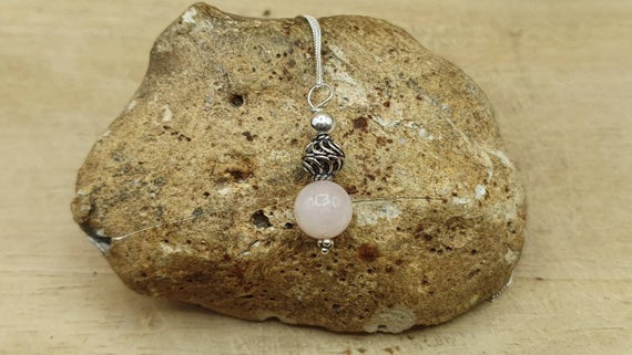 Small Minimalist Sphere Morganite Pendant Necklace. Pink Beryl Gemstone Reiki Jewelry Uk. Bali Silver Beads