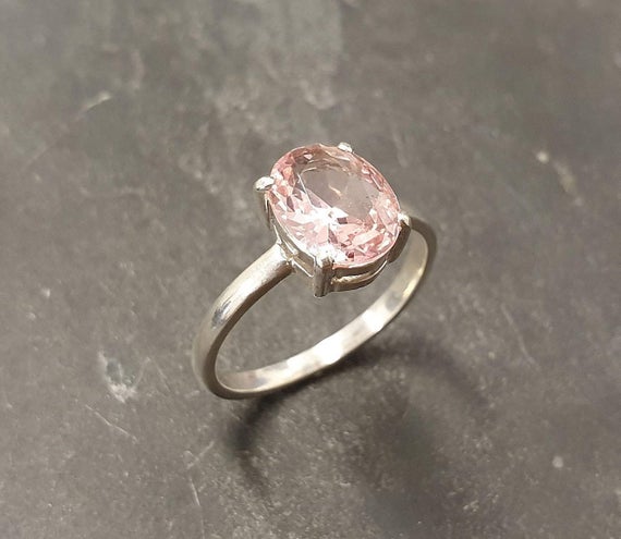 Morganite Ring, Created Morganite, Solitaire Ring, Vintage Ring, Cotton Candy Ring, Pink Diamond Ring, Unique Stone Ring, Solid Silver Ring