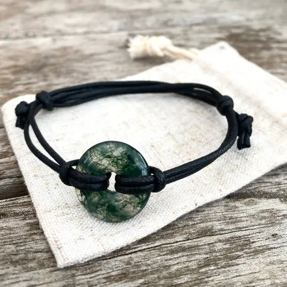 Leather And Moss Agate Bracelet For Man, Beautiful Moss Agate Gemstone , Adjustable Bracelet, Vegan Gift For Success.