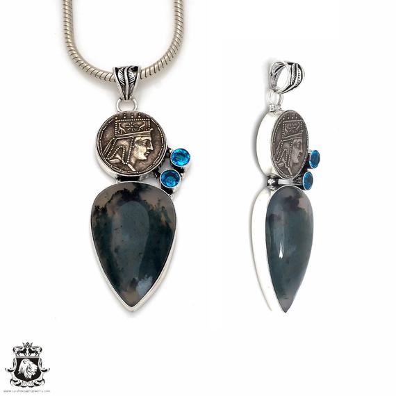 Moss Agate Reissued Coin Gemstone Sterling Silver Pendant & Free 3mm Italian 925 Sterling Silver Chain P8682
