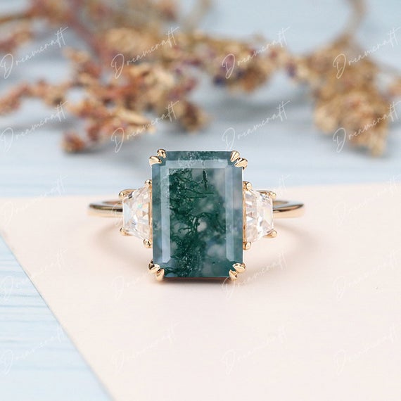 Moss Agate Engagement Ring 4ct Emerald Cut Vintage Moissanite 14k Yellow Gold 3 Stone Engagement Ring Bridal Ring Anniversary Gift For Women