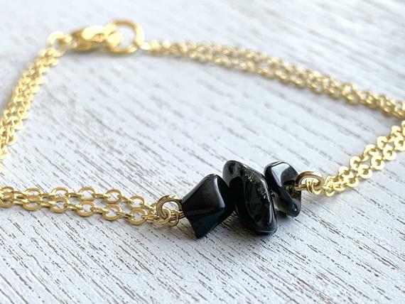 Gold Filled Obsidian Bracelet, Black Obsidian Jewelry, Crystal Bracelet For Her, Stacking Bracelet, Black Stone Bracelet, Raw Obsidian Gem